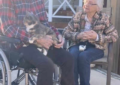 An elderly man in a wheelchair holds a cat on his lap while an elderly woman sits nearby, looking at him. They are outdoors on a sunny day.